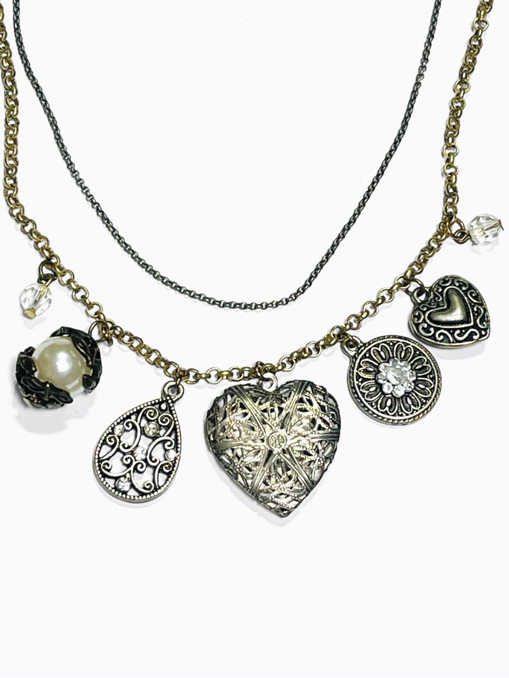 American Eagle Locket Charm Necklace Antiqued Mixed Metal Heart Filigree Layered